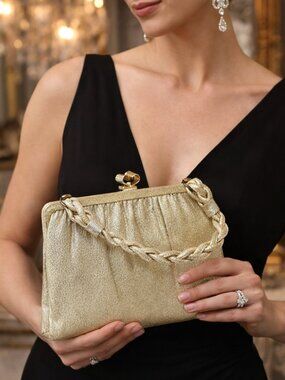 Vintage Gold Evening Purse with Braided Handle Cocktail Party Wedding - Hey Viv